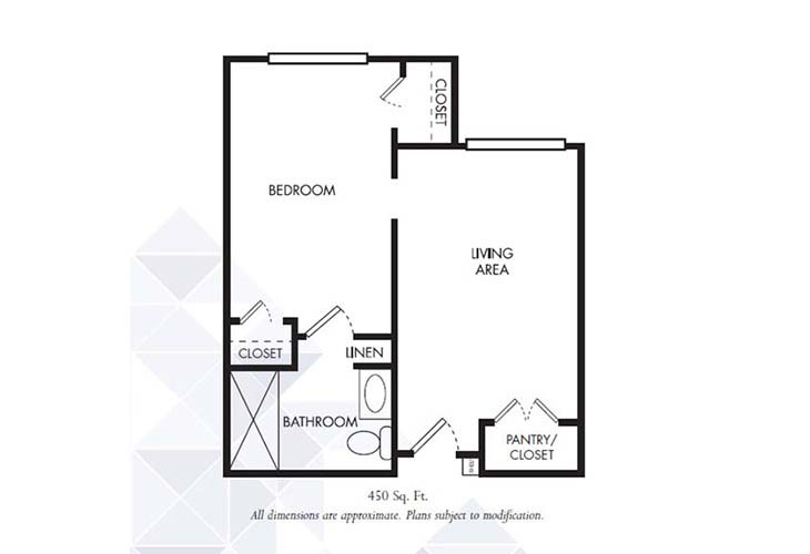 Floor map of Kent - Premium One Bedroom suite at The Gardens of Sun City Memory Care Community in Sun City, AZ 